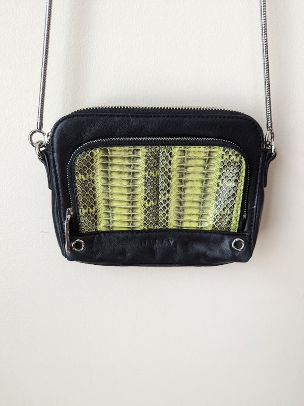 MILLY Mercer Crossbody Purse Handbag LIMEADE Snakeskin Black Leather